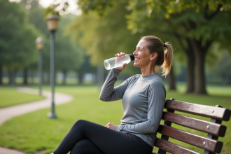 Femme d'âge moyen buvant de l'eau dans un parc