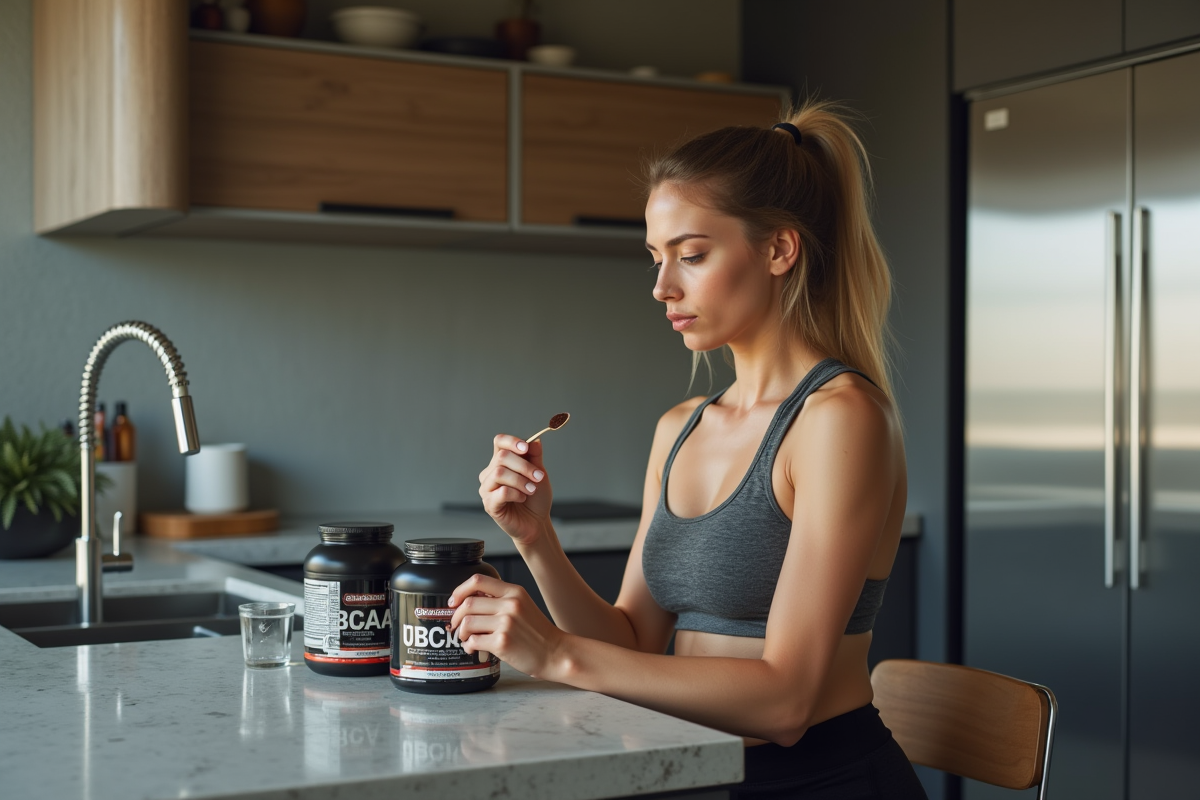 Jeune femme sportive préparant une boisson BCAA dans la cuisine