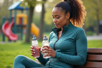 Femme sportive lisant des étiquettes de bouteilles d'eau