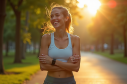 Femme souriante en tenue de sport dans un parc ensoleille