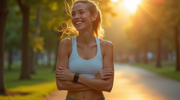 Femme souriante en tenue de sport dans un parc ensoleille