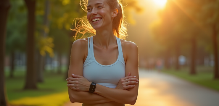 Femme souriante en tenue de sport dans un parc ensoleille