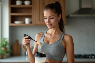Jeune femme sportive avec poudre de proteine en cuisine