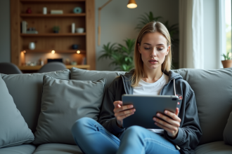 Jeune femme regardant un match de tennis sur sa tablette