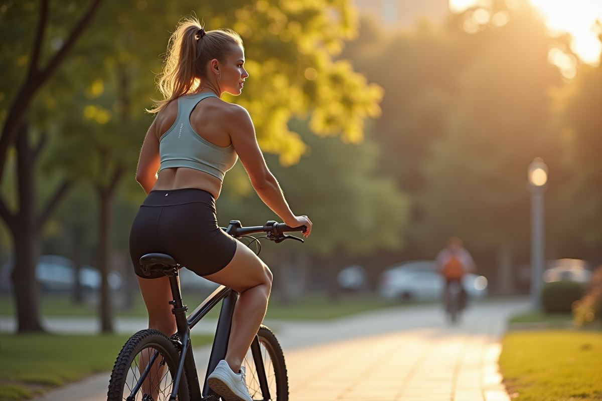 Femme en sport pause sur vélo électrique dans parc urbain