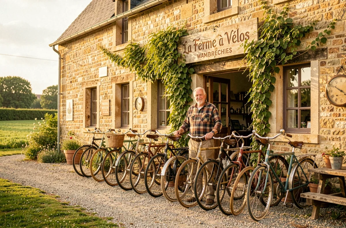 Propriétaire présentant des vélos vintage et rénovés devant la façade rustique en pierre de La Ferme à Vélos à Wambrechies