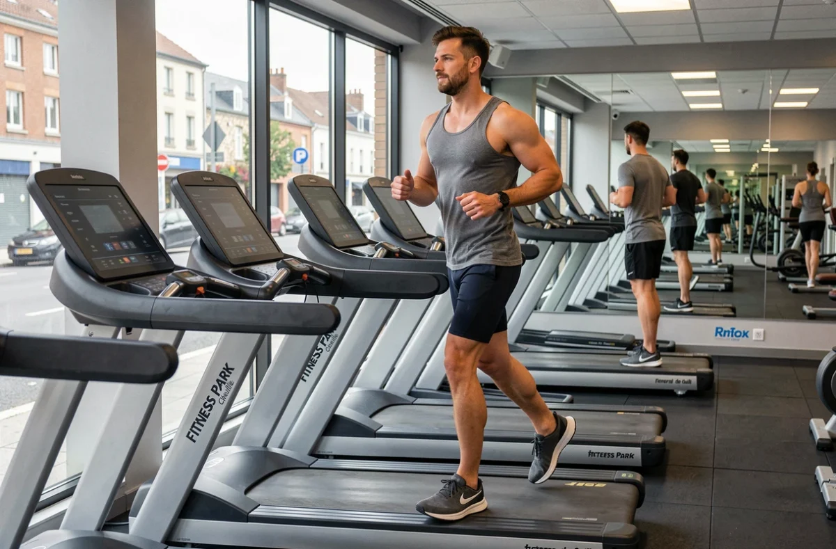 Salle de cardio de Fitness Park Chelles General de Gaulle avec vue sur la rue et adhérent sur tapis de course