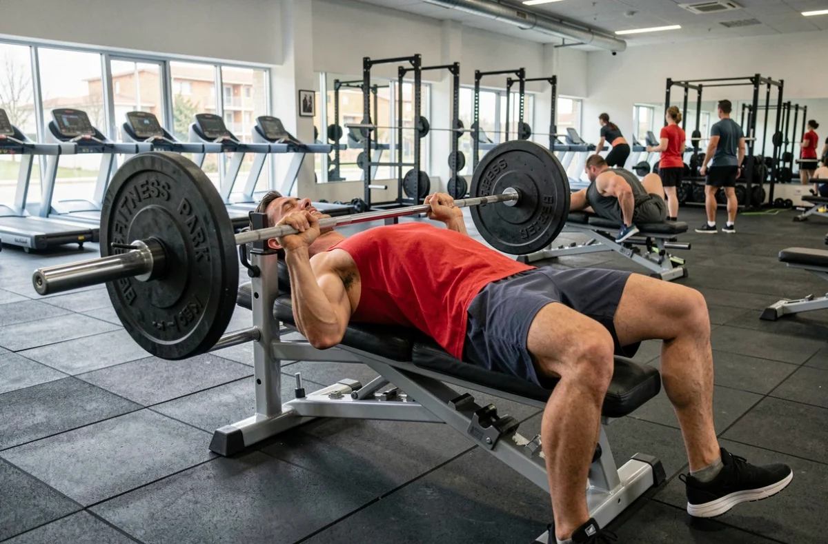 Homme effectuant un développé couché à la salle Fitness Park Toulouse Bayard