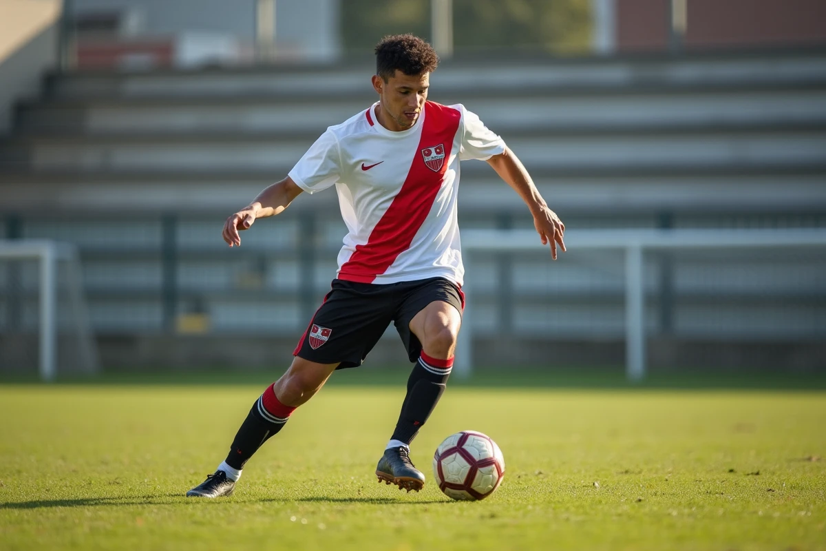 Jeune footballeur en maillot rouge et blanc dribblant sur un terrain municipal lors d'un entraînement du Sporting Club Aubagne Air Bel