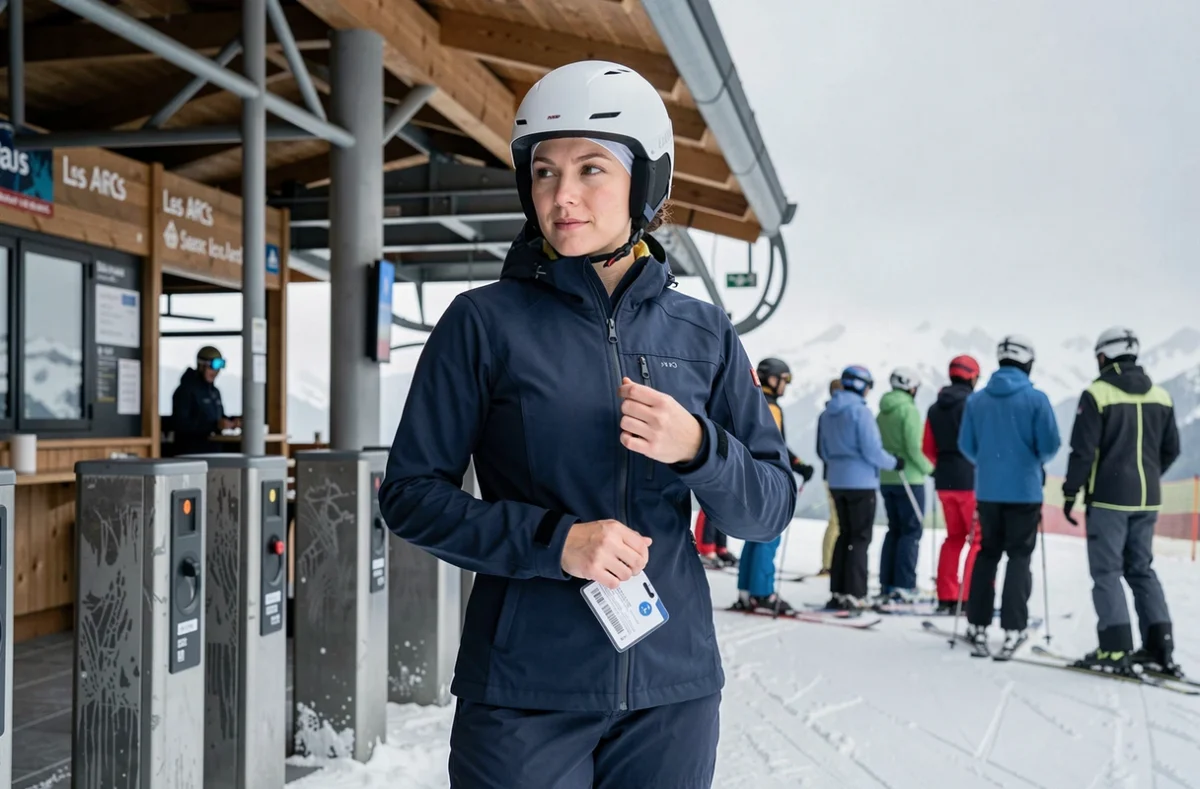 Skieuse accrochant son forfait saison aux Arcs 1800 près d'un portillon de remontée mécanique en hiver