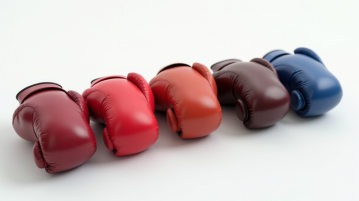 Cinq paires de gants de boxe haut de gamme alignés