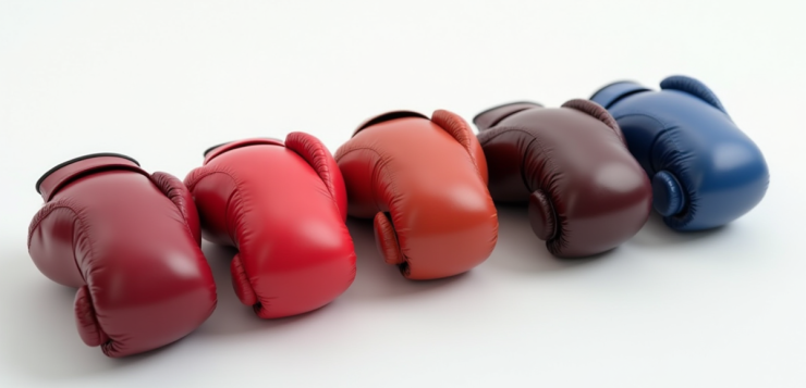 Cinq paires de gants de boxe haut de gamme alignés