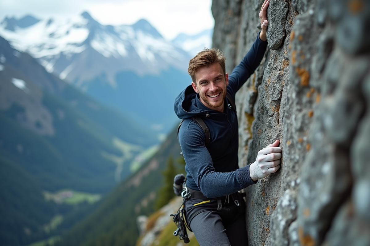Jeune homme grimpeur sur une falaise rocheuse en montagne