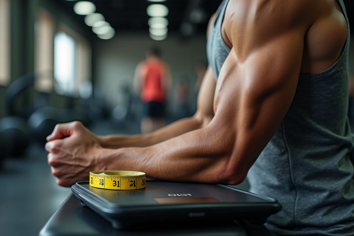 Gros plan sur la musculature du bras d'un athlète mesuré en salle de sport pour évaluer son gabarit réel