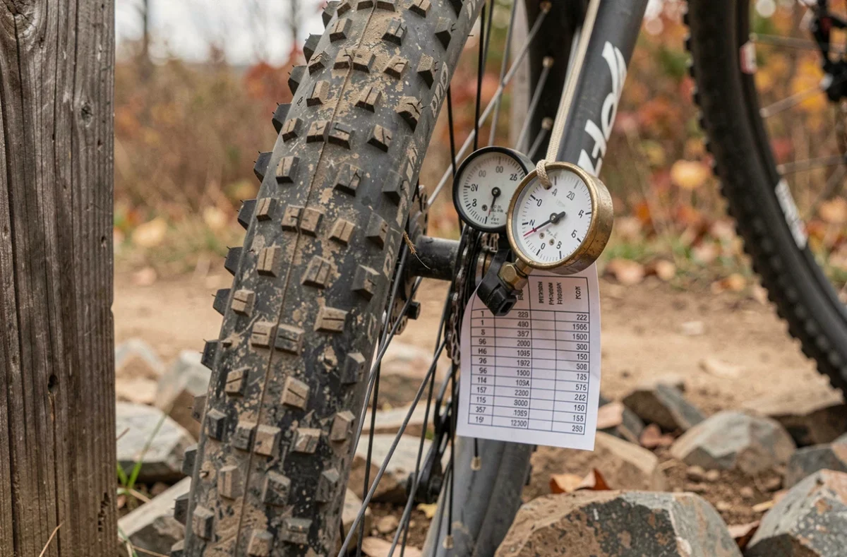 Gros plan sur un pneu VTT 26 pouces avec manomètre et tableau de pression de référence fixé au cadre