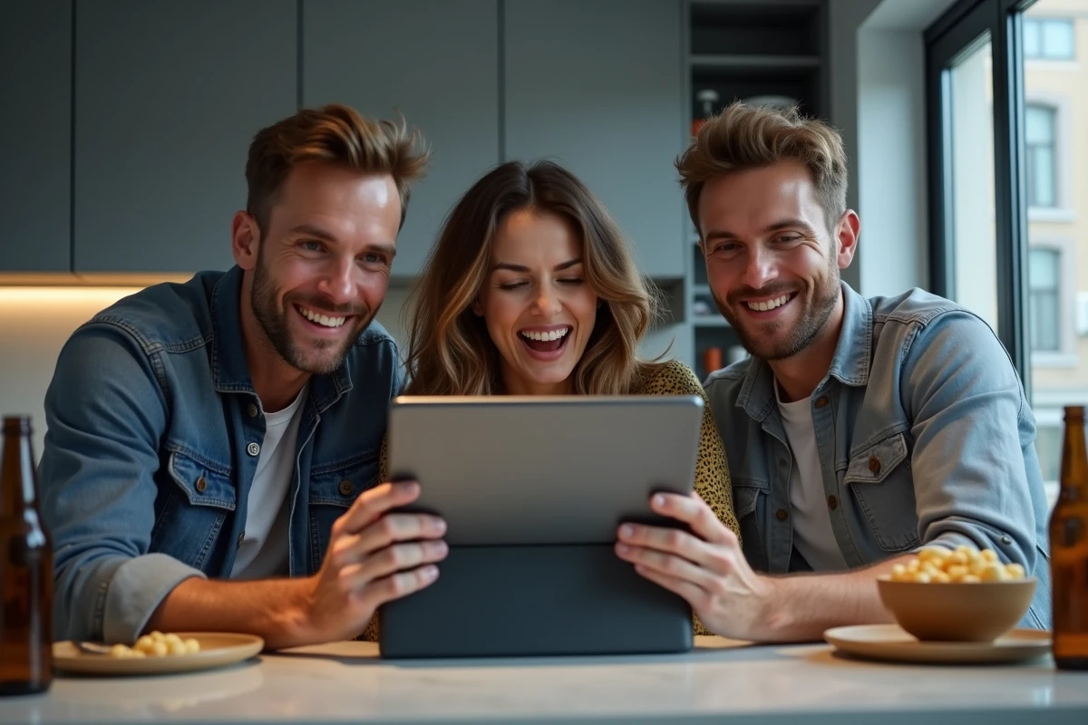 Groupe d'amis regardant un match de football en streaming HD sur une tablette dans une cuisine moderne