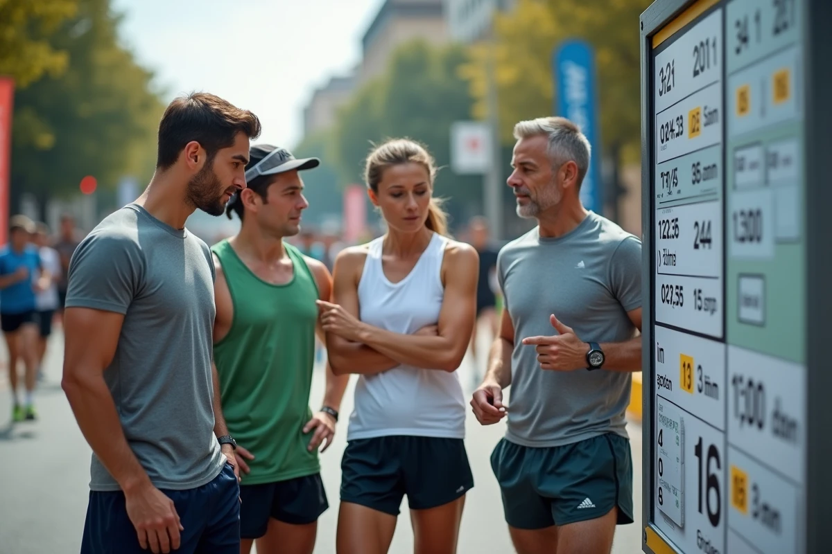 Groupe de coureurs consultant un tableau de temps de passage avant le départ d'un semi-marathon en ville