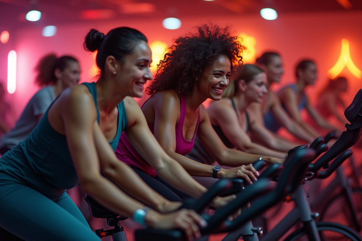 Groupe divers de personnes en cours de vélo dynamique en salle
