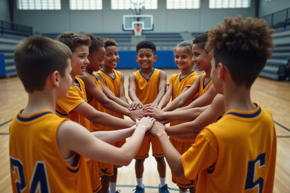 Groupe de jeunes en maillots de basketball en cercle