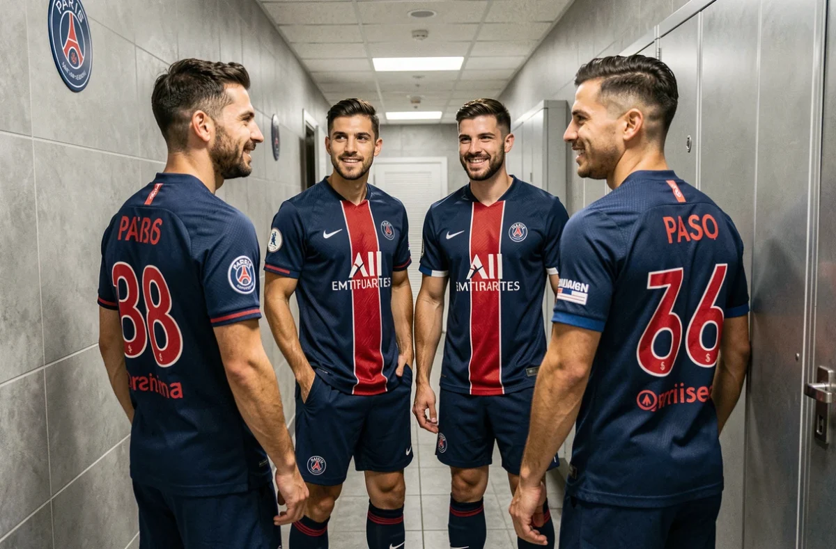 Groupe de joueurs du PSG en maillot officiel dans le couloir du vestiaire du club en 2026
