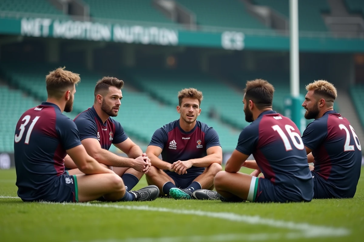 Groupe de joueurs de rugby discutant après un match