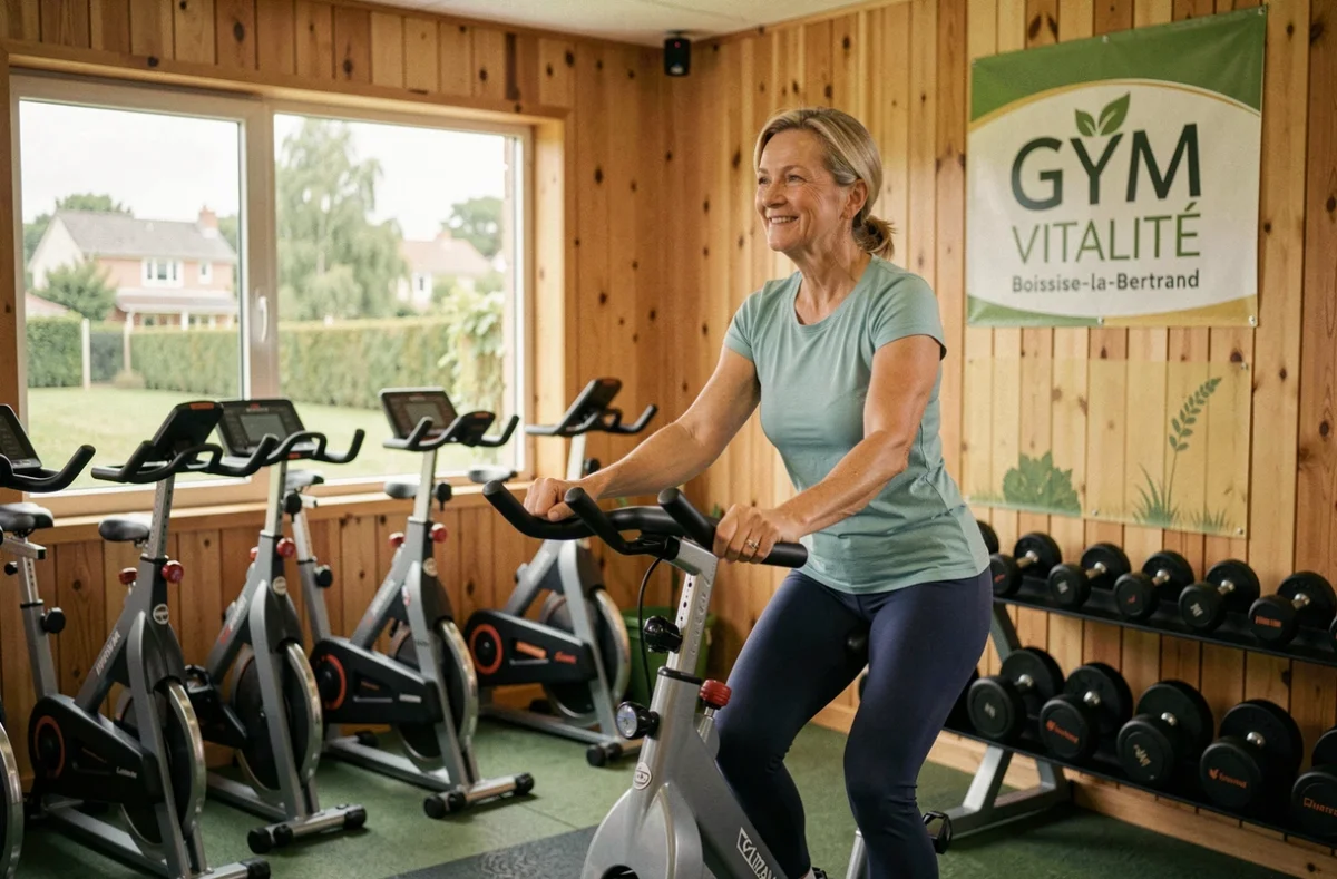 Salle Gym Vitalité Boissise-la-Bertrand avec femme sur vélo de fitness et vue sur un espace vert suburbain calme