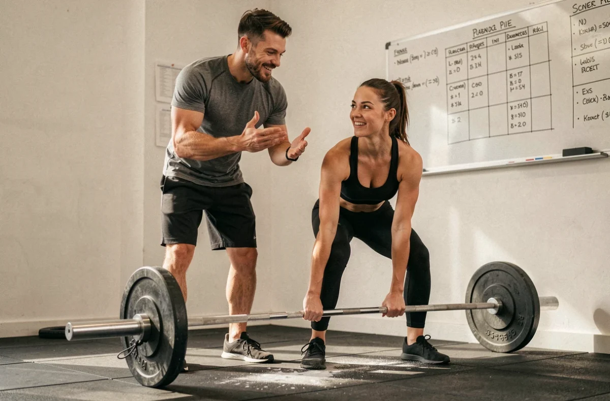 Session de coaching personnalisé chez Gymate à Paris, avec un coach certifié guidant une cliente sur un exercice de force