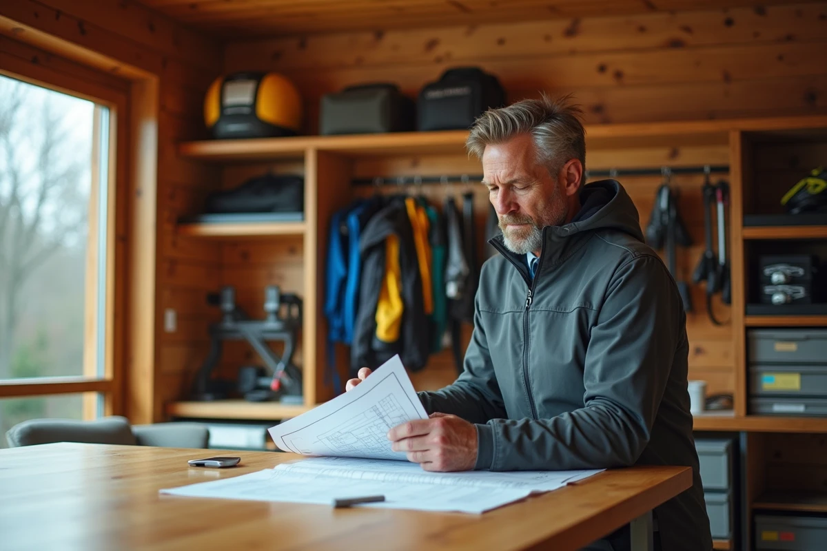 Homme d'âge moyen examinant des plans dans une cabine sportive moderne
