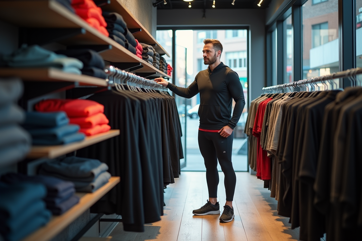 Homme athlète regardant des leggings de course en magasin
