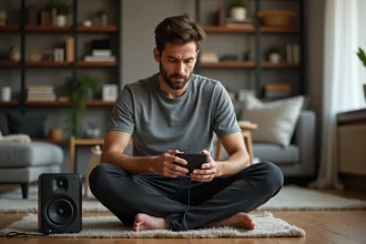Homme en t-shirt gris inspectant un appareil audio moderne