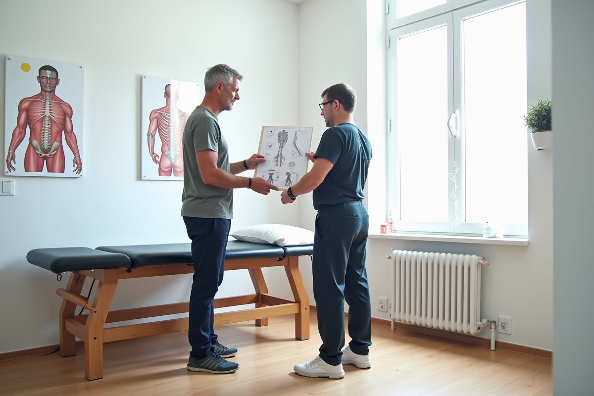 Homme en consultation avec un kinésithérapeute