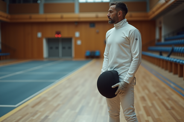 Escrimeur masculin en tenue blanche en pause dans la salle
