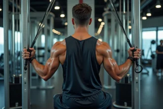 Homme musclé en train de faire un tirage lat à la salle de sport