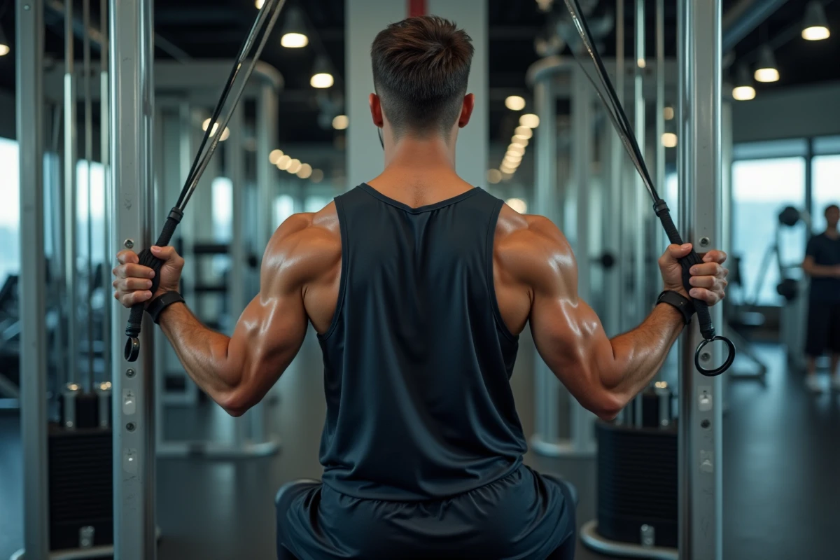 Homme musclé en train de faire un tirage lat à la salle de sport