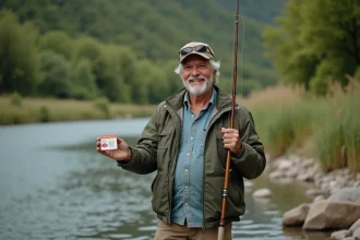Homme d'âge moyen avec licence de pêche au bord de la rivière