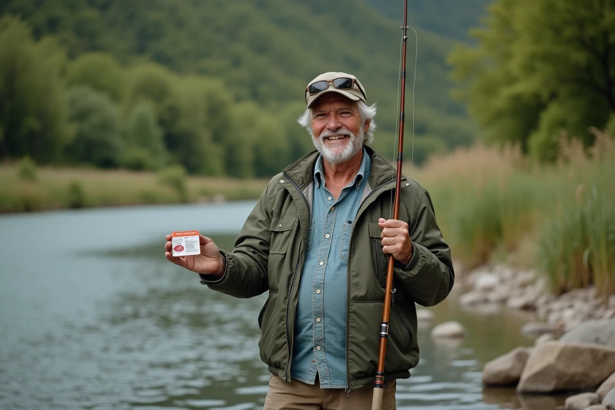 Homme d'âge moyen avec licence de pêche au bord de la rivière