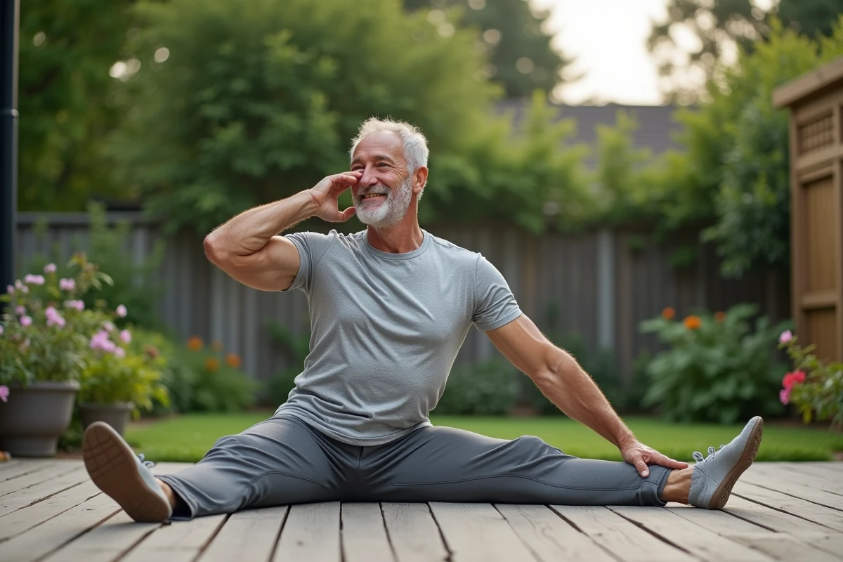 Homme de 50 ans en posture de Pilates dans un jardin paisible