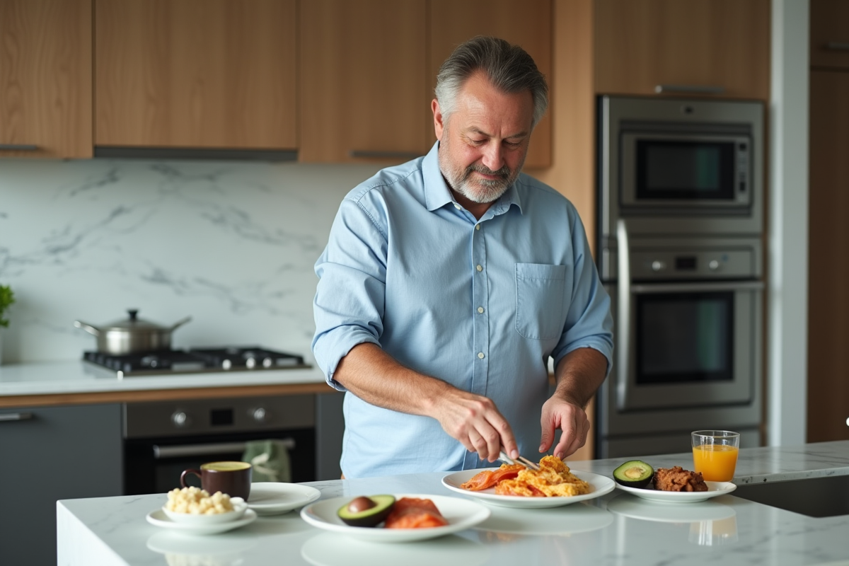 Homme en cuisine préparant un plat de petit déjeuner