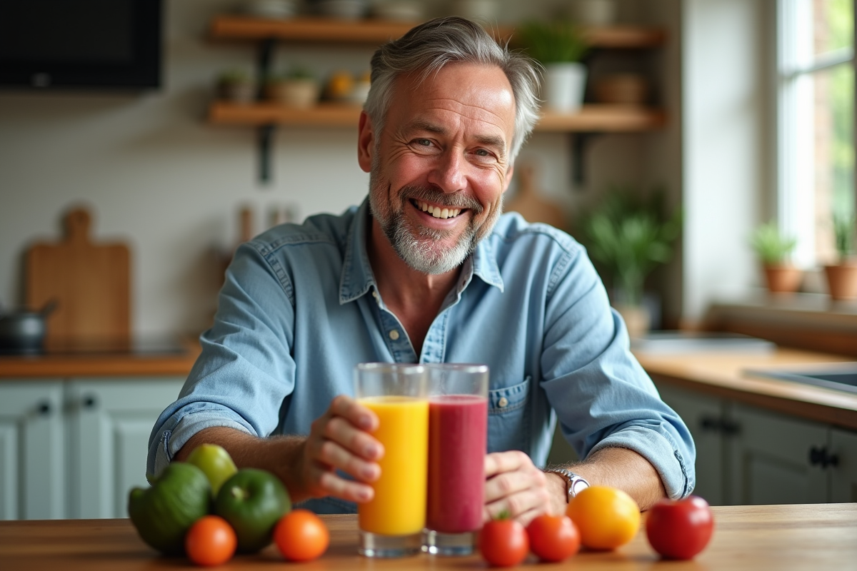 Homme préparant un smoothie aux fruits dans la cuisine