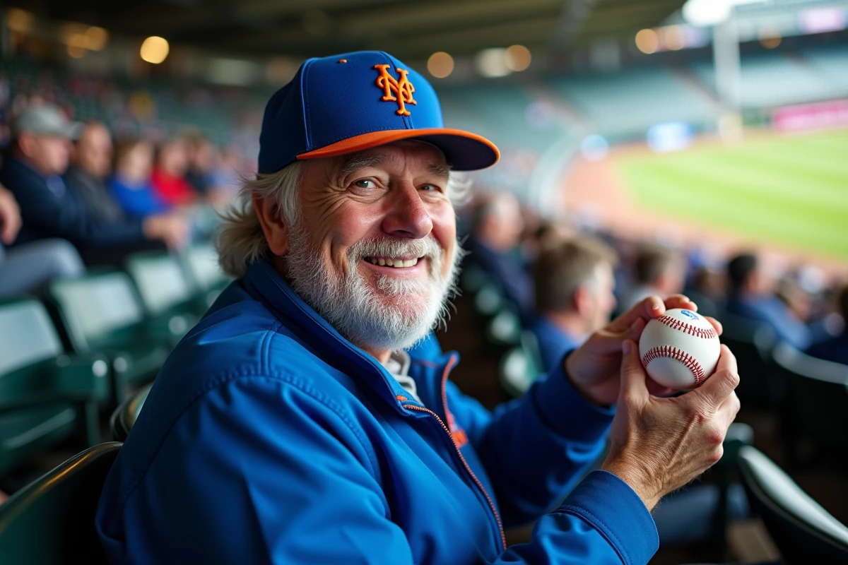 Homme âgé souriant tenant un baseball souvenir dans le stade