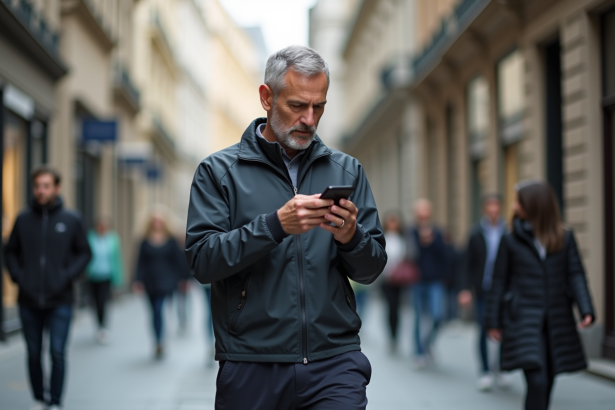 Homme d'âge moyen vérifiant son application de marche urbaine