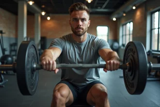 Homme musclé en salle de sport faisant un rowing