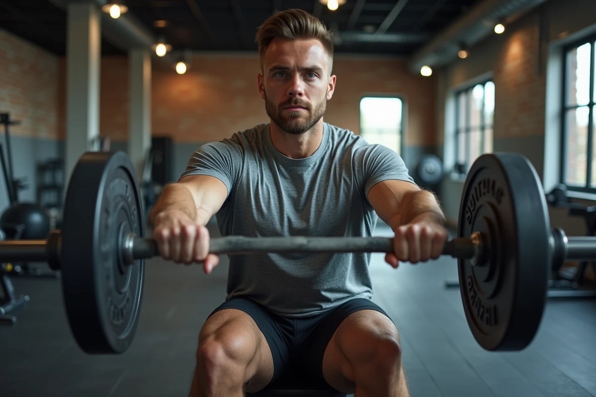 Homme musclé en salle de sport faisant un rowing
