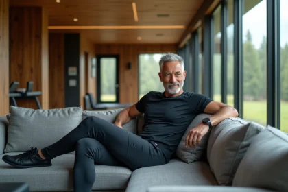 Homme sportif en tenue premium dans un salon haut de gamme