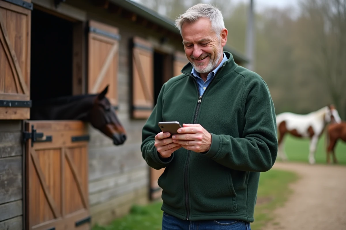 Homme d age utilisant son smartphone près du box