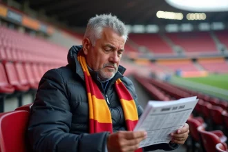 Homme italien examine statistiques de joueurs au stade Roma