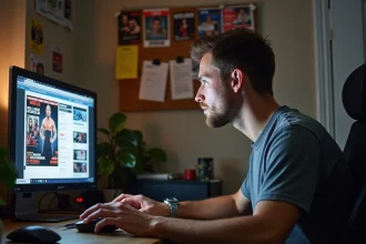 Homme concentré sur son ordinateur avec affiches de catch