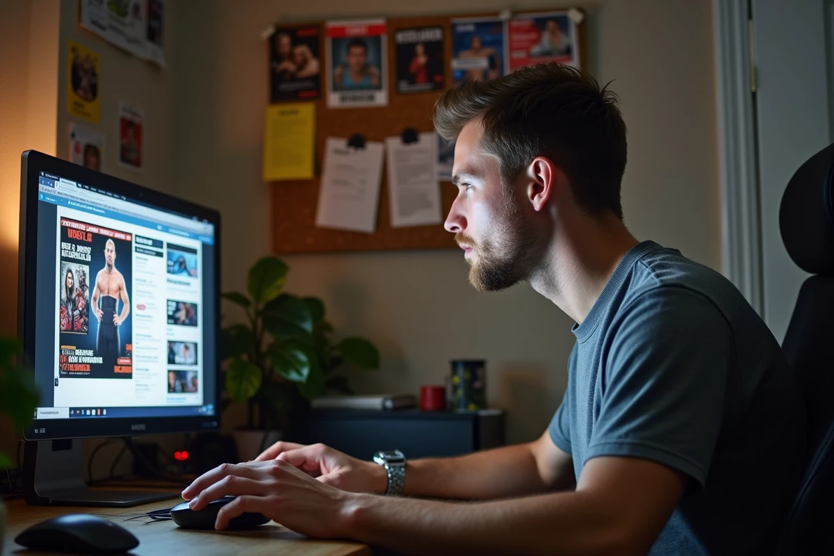 Homme concentré sur son ordinateur avec affiches de catch