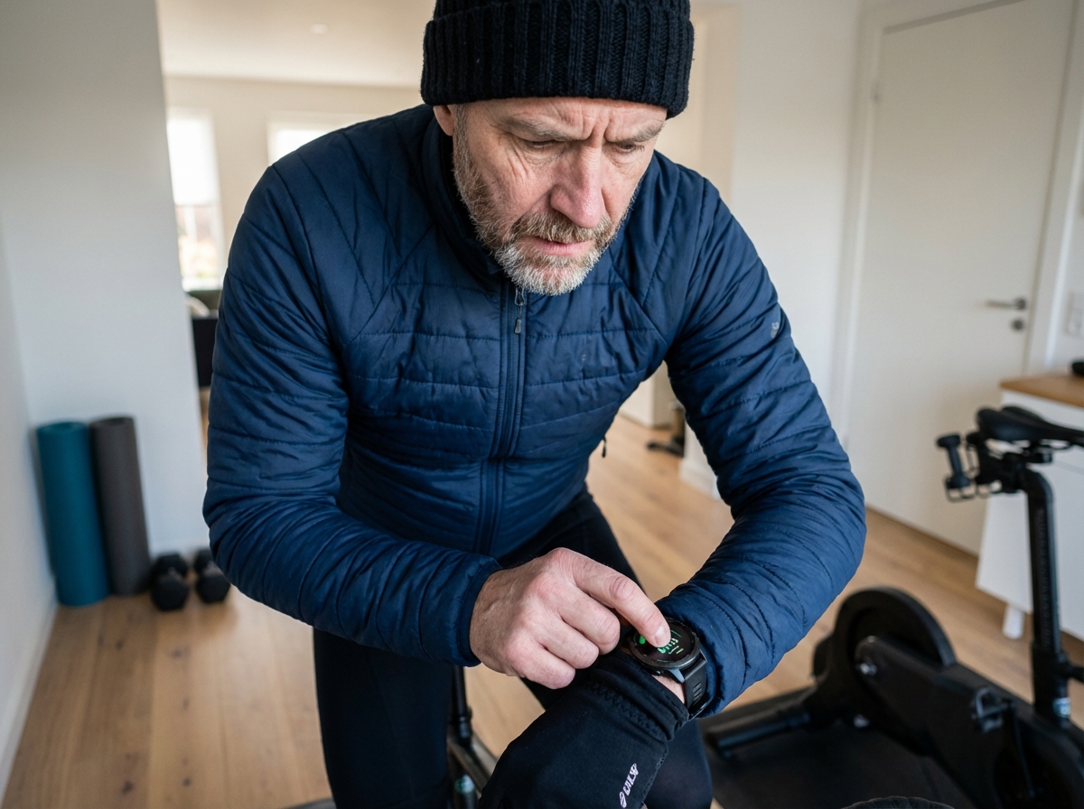 Homme en intérieur ajustant sa montre multisport sur vélo