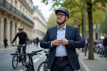 Homme d'âge moyen en costume bleu à côté d'un vélo en ville